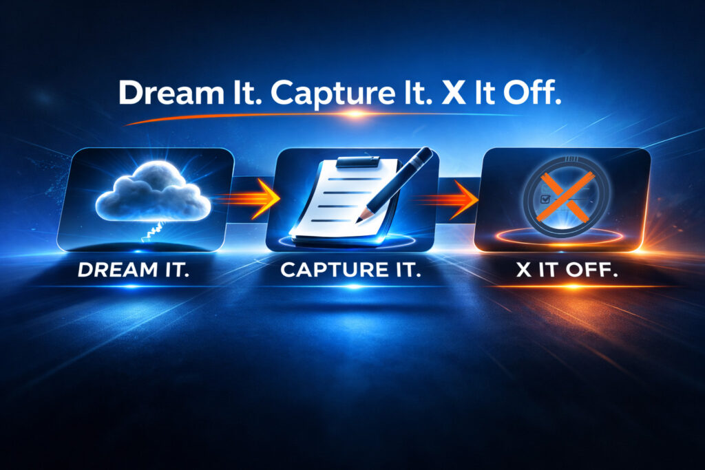 Dream It. Capture It. X It Off. visual three-stage execution framework showing dream cloud, capture pencil, and completion sequence.