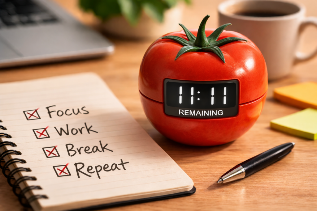 Digital tomato timer counting down a Pomodoro focus session next to a checklist marked with X symbols
