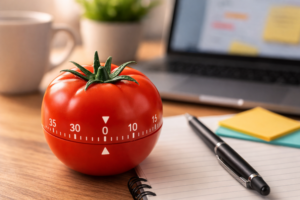 Tomato shaped Pomodoro timer on a desk representing the Pomodoro Technique productivity method