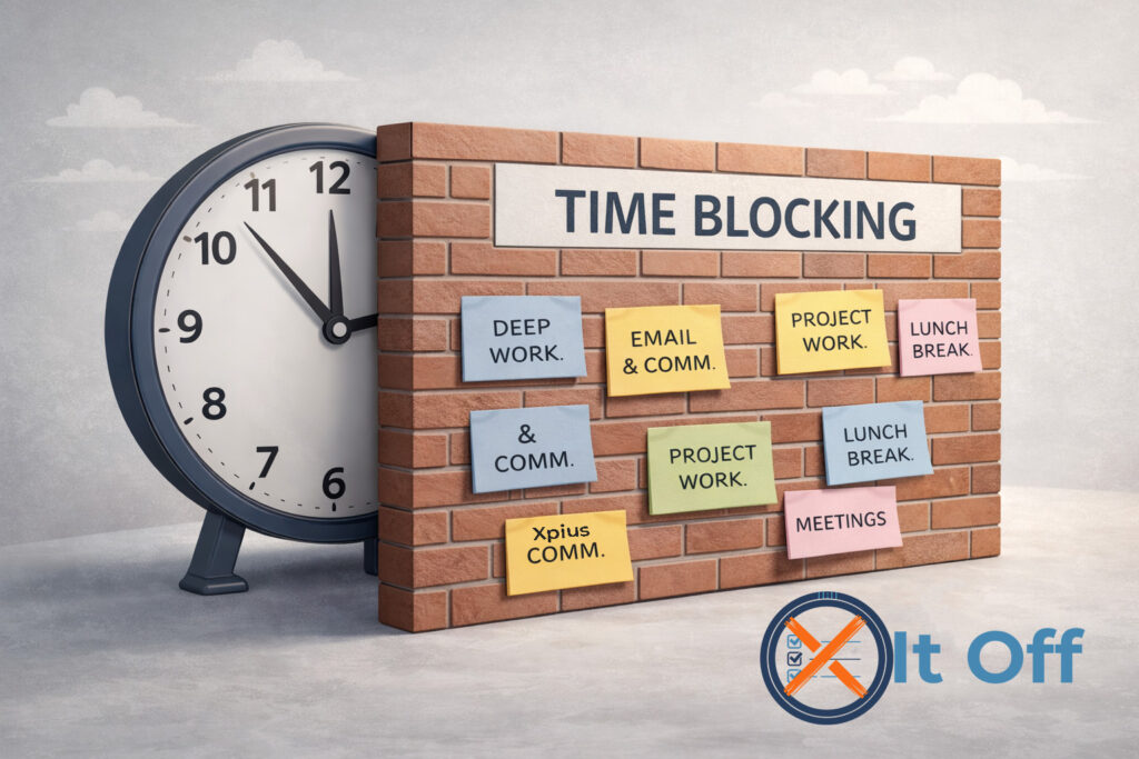 Time blocking productivity method illustrated with a clock behind a brick wall labeled time blocking and task notes representing scheduled work sessions