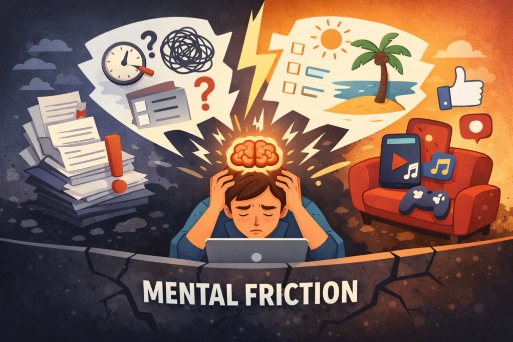 why do people procrastinate illustration showing mental friction and task overwhelm used in the X It Off productivity system article