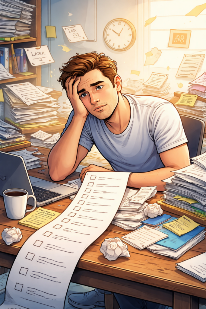 Illustration showing a person overwhelmed by unfinished tasks, representing why you never finish what you start.